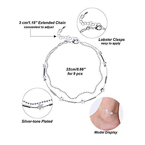 Huture 9PCS Tobilleras Damas Plata de Ley 925 Descalzo Pulseras de Tobillo Playa Cadenas de Tobillo Boho Cierre de Plata Joyas de Pie Playa de Verano Tobilleras Ajustables Tobillera de Joyería Plata