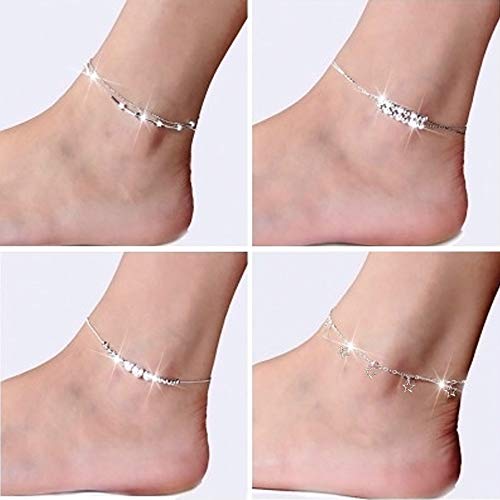 Huture 9PCS Tobilleras Damas Plata de Ley 925 Descalzo Pulseras de Tobillo Playa Cadenas de Tobillo Boho Cierre de Plata Joyas de Pie Playa de Verano Tobilleras Ajustables Tobillera de Joyería Plata