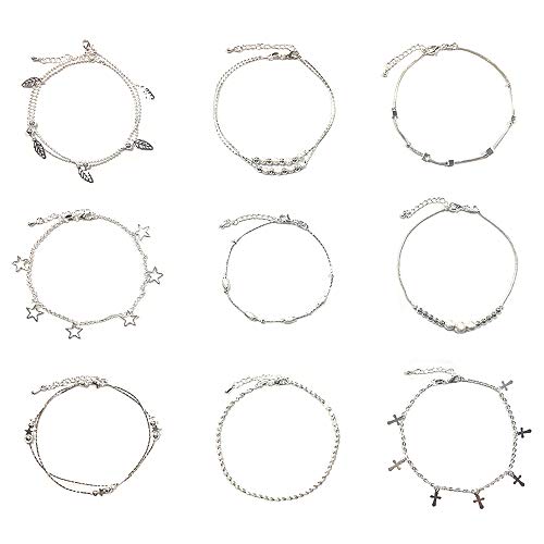 Huture 9PCS Tobilleras Damas Plata de Ley 925 Descalzo Pulseras de Tobillo Playa Cadenas de Tobillo Boho Cierre de Plata Joyas de Pie Playa de Verano Tobilleras Ajustables Tobillera de Joyería Plata