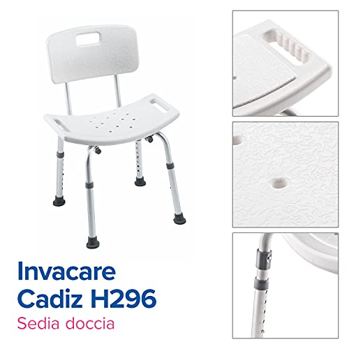 Invacare Cadiz H296 - Taburete de baño para personas mayores con respaldo, silla con asiento ergonómico y patas antideslizantes y altura regulable, color blanco