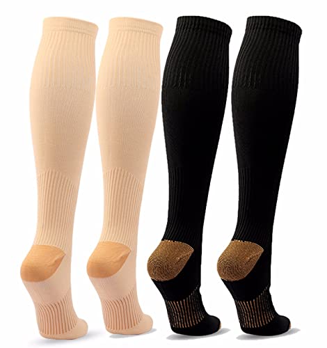 JJGS 4 Pares Medias de Compresion Mujer y Hombre, Calcetines Compresivos Enfermera, Calcetines de Compresion para Running, Deporte, Ciclismo, Futbol, Vola Black/Flesh-S/M