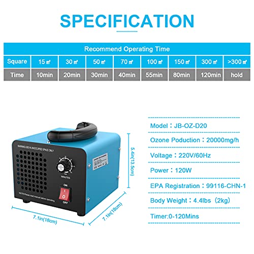 JOBYNA Generador de Ozono 20,000mg/h, Industrial Purificador Ozono de Aire con Temporizador Ozonizador Elimina Olores para Oficina, Garaje, Automóviles, Habitación, Humo y Mascotas