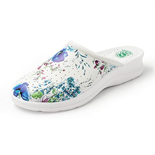 JOMIX Sandalias de mujer anatómicas, cómodas, ortopédicas, para hospitales, trabajo, casa, cocina, médicos, enfermeras, ancianos, 07 flores azules, 35 EU