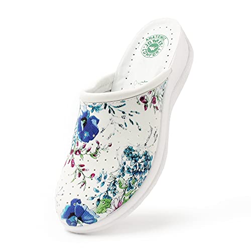 JOMIX Sandalias de mujer anatómicas, cómodas, ortopédicas, para hospitales, trabajo, casa, cocina, médicos, enfermeras, ancianos, 07 flores azules, 35 EU