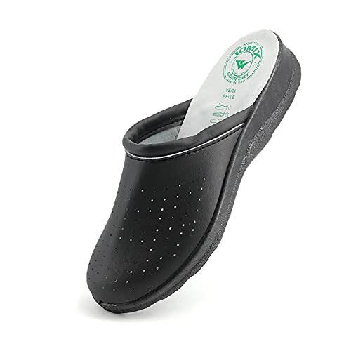JOMIX Zuecos sanitarios para mujer de piel auténtica para hombre, anatómicas, Zuecos sanitarios, fabricados en Italia, Negro para mujer., 38 EU