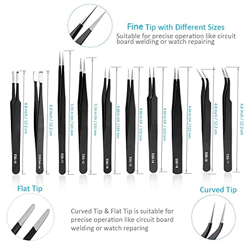 Juego de 10 pinzas de precisión KYYKA Premium Craft, pinzas electrónicas ESD de acero inoxidable, pinzas de soldadura industriales antiestáticas, con bolsa de almacenamiento para pinzas
