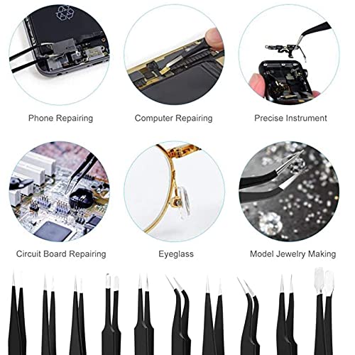 Juego de 10 pinzas de precisión KYYKA Premium Craft, pinzas electrónicas ESD de acero inoxidable, pinzas de soldadura industriales antiestáticas, con bolsa de almacenamiento para pinzas