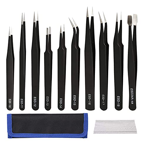 Juego de 10 pinzas de precisión KYYKA Premium Craft, pinzas electrónicas ESD de acero inoxidable, pinzas de soldadura industriales antiestáticas, con bolsa de almacenamiento para pinzas