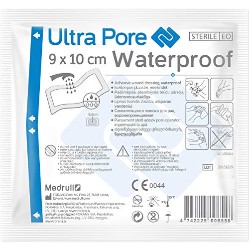 Juego de 25 Tiritas Impermeables Medrull - Tiritas Autoadhesivas para heridas - Diseño Transparente e Impermeable – Parches para Heridas Estériles 9 x 10 cm - Curación Suave y Efectiva