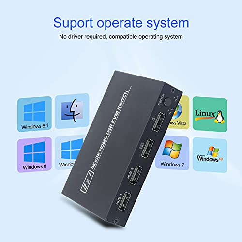 KCEVE Conmutador KVM HDMI, selector de interruptor USB con UHD 4K a 30Hz, 2 computadoras comparten 4 dispositivos USB 2.0 y un monitor HD, compatible con teclado inalámbrico y ratón