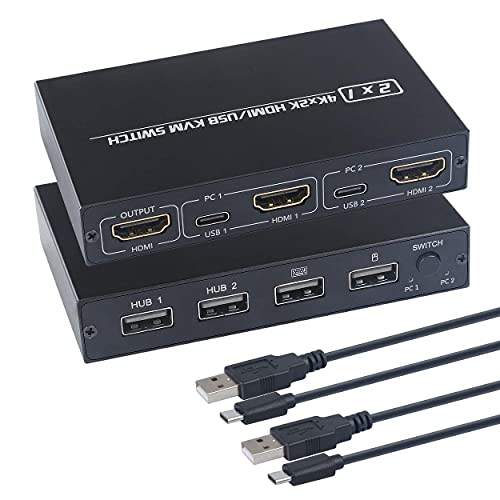 KCEVE Conmutador KVM HDMI, selector de interruptor USB con UHD 4K a 30Hz, 2 computadoras comparten 4 dispositivos USB 2.0 y un monitor HD, compatible con teclado inalámbrico y ratón