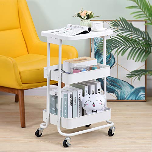 KINGRACK Carro de Servicio 3 Niveles,Almacenamiento de Carro rodante de Metal Organizador con Tablero de Mesa,Escritorio portátil de Estante de la Utilidad para la Cocina el hogar la Oficina