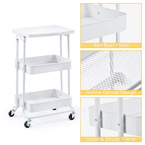 KINGRACK Carro de Servicio 3 Niveles,Almacenamiento de Carro rodante de Metal Organizador con Tablero de Mesa,Escritorio portátil de Estante de la Utilidad para la Cocina el hogar la Oficina