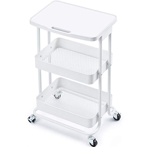 KINGRACK Carro de Servicio 3 Niveles,Almacenamiento de Carro rodante de Metal Organizador con Tablero de Mesa,Escritorio portátil de Estante de la Utilidad para la Cocina el hogar la Oficina