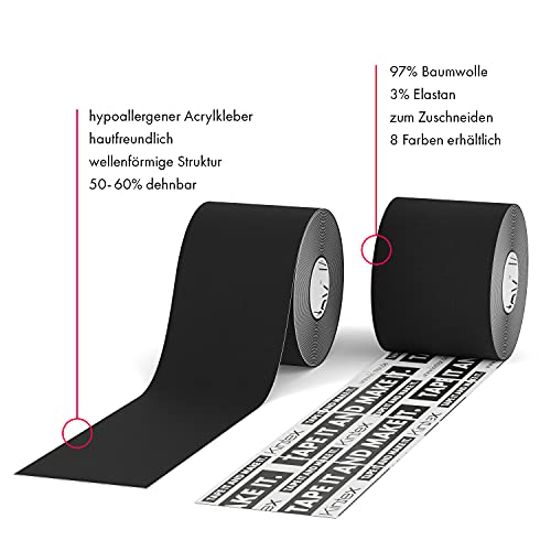 Kintex Tape Cinta de kinesiología (2 Rollos, 5 cm x 5 m), Negro, 5m x 5cm