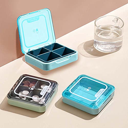 kiptyg Dispensador de pastillas, Mini pastillero, Pastillero Pequeño, Portátil y ligero, con cuatro compartimentos, apto para el trabajo, la escuela, viajes (plástico, verde y azul, 2 piezas)