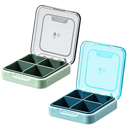 kiptyg Dispensador de pastillas, Mini pastillero, Pastillero Pequeño, Portátil y ligero, con cuatro compartimentos, apto para el trabajo, la escuela, viajes (plástico, verde y azul, 2 piezas)
