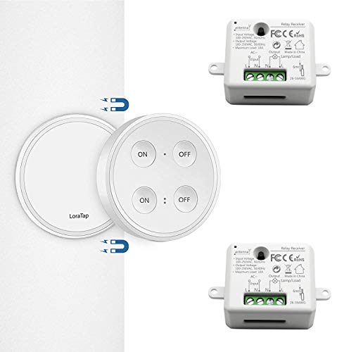 Kit de Interruptor de Luces Inalámbricas, LoraTap Interruptor Inalámbrico + 2 Piezas Receptor de Relevo Control Remoto de Radio Hasta 200m Mando a Distancia para Casa Iluminación y Electrodomésticos