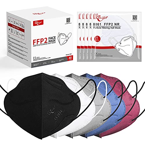 KKmier Mascarillas FFP2 Homologadas 40 Pcs, Mascarilla ffp2 [Certificada CE 2163] con Pendientes Elásticos y Clip Nariz Adaptable, Protección de 5 capas y Filtración de Partículas (EFP) ≥95% (Vistoso)