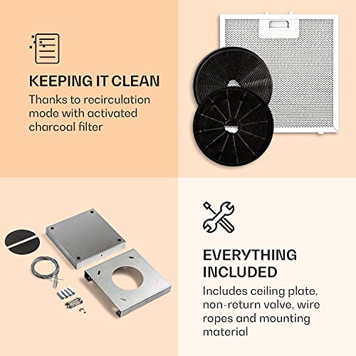 Klarstein Kronleuchter Smart - Campana extractora de isla, Caudal aire hasta 595 m³/h, Potencia 250 W, 3 niveles, Panel LED 6500 Kelvin, Filtro grasa extraíble y lavable, Control App, EEC A, Negro