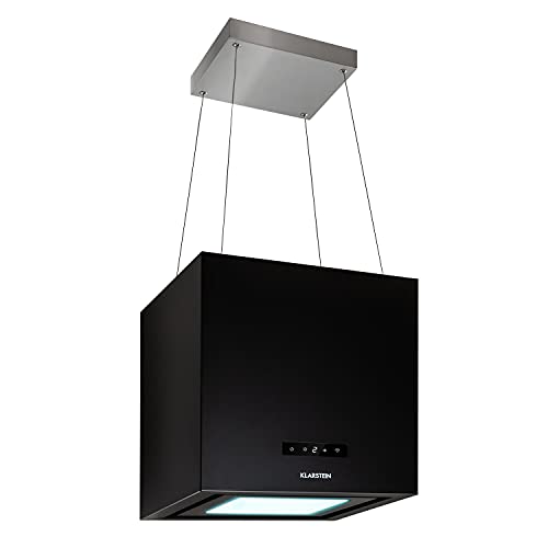 Klarstein Kronleuchter Smart - Campana extractora de isla, Caudal aire hasta 595 m³/h, Potencia 250 W, 3 niveles, Panel LED 6500 Kelvin, Filtro grasa extraíble y lavable, Control App, EEC A, Negro