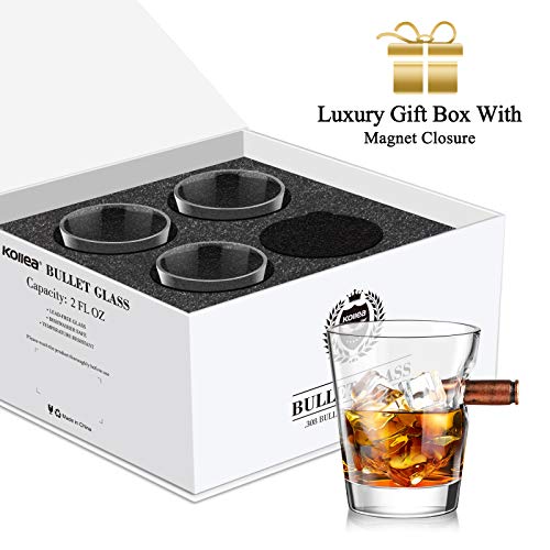 Kollea Vasos de Chupitos de Whisky Bala Juego de 4, Soplado a Mano Vasos de Chupitos Cristal con Base Pesada, Personalizados Juegos de Regalo de Vaso de Whisky para Hombres/Papá/Esposo - 60ML