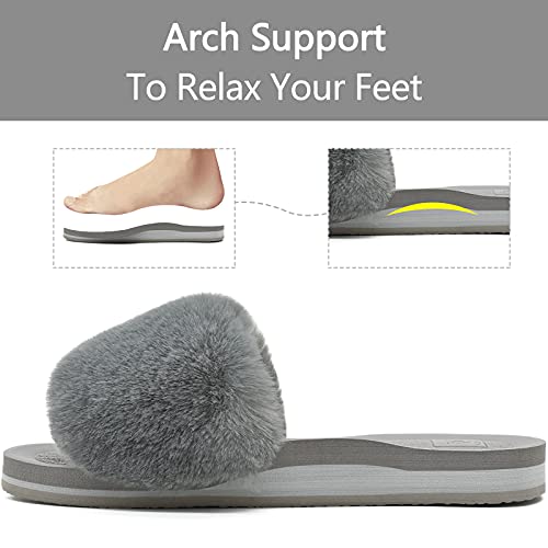 KuaiLu Pantuflas Mujer Peluche Felpa Piel de Conejo Zapatillas de Casa Invierno Comoda Peludas Caliente Slippers Verano Abierta Antideslizante Goma Suela Chanclas Gris 36