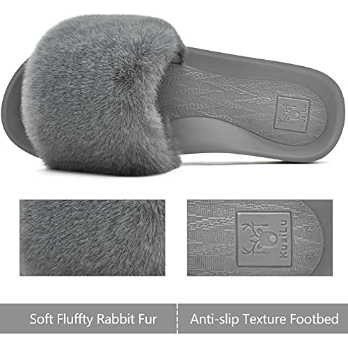 KuaiLu Pantuflas Mujer Peluche Felpa Piel de Conejo Zapatillas de Casa Invierno Comoda Peludas Caliente Slippers Verano Abierta Antideslizante Goma Suela Chanclas Gris 36