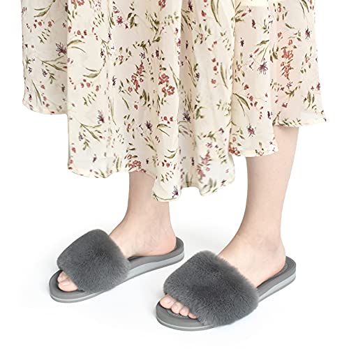 KuaiLu Pantuflas Mujer Peluche Felpa Piel de Conejo Zapatillas de Casa Invierno Comoda Peludas Caliente Slippers Verano Abierta Antideslizante Goma Suela Chanclas Gris 36