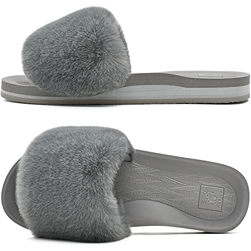 KuaiLu Pantuflas Mujer Peluche Felpa Piel de Conejo Zapatillas de Casa Invierno Comoda Peludas Caliente Slippers Verano Abierta Antideslizante Goma Suela Chanclas Gris 36