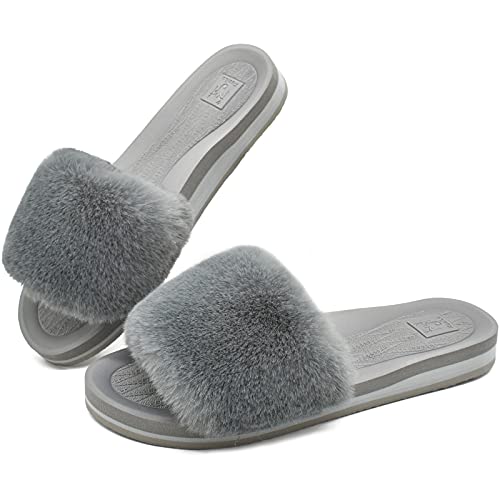 KuaiLu Pantuflas Mujer Peluche Felpa Piel de Conejo Zapatillas de Casa Invierno Comoda Peludas Caliente Slippers Verano Abierta Antideslizante Goma Suela Chanclas Gris 36