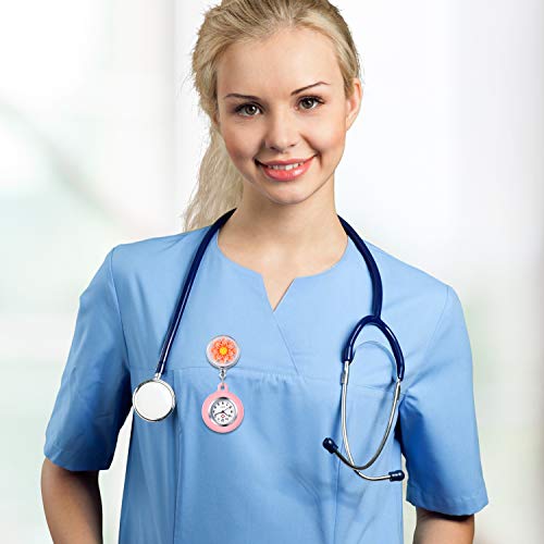 Lancardo Reloj Enfermera de Flor Reloj Médico de Bolsillo de Silicona Movimiento de Cuarzo para Doctor Pétalo de Cristal de Resina Prendedor de Broche Estirable Paramédico Hospital Clip Rosa
