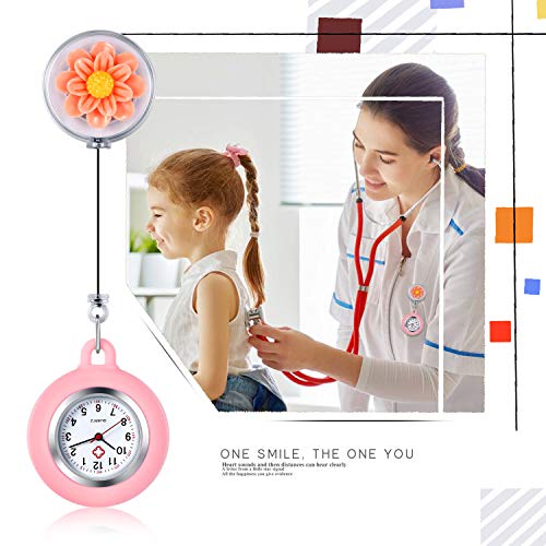 Lancardo Reloj Enfermera de Flor Reloj Médico de Bolsillo de Silicona Movimiento de Cuarzo para Doctor Pétalo de Cristal de Resina Prendedor de Broche Estirable Paramédico Hospital Clip Rosa