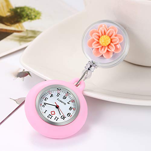 Lancardo Reloj Enfermera de Flor Reloj Médico de Bolsillo de Silicona Movimiento de Cuarzo para Doctor Pétalo de Cristal de Resina Prendedor de Broche Estirable Paramédico Hospital Clip Rosa