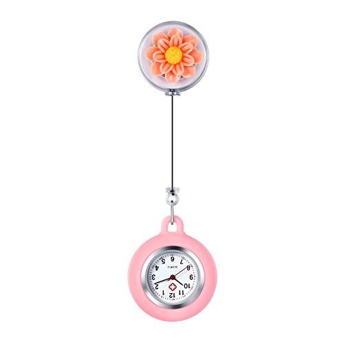 Lancardo Reloj Enfermera de Flor Reloj Médico de Bolsillo de Silicona Movimiento de Cuarzo para Doctor Pétalo de Cristal de Resina Prendedor de Broche Estirable Paramédico Hospital Clip Rosa