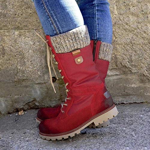 lefeindgdi Botas de mujer planas con cordones hasta mediados de pantorrilla para mujer, botas de equitación con cordones hasta media pantorrilla, zapatos cálidos para ciclismo y senderismo