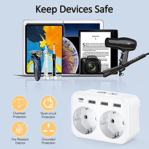 LENCENT Ladron Enchufes, Cargador USB de Pared con 2 Toma de CA, 1 Puerto Tipo C y 3 Puertos USB, Adaptador Enchufe USB España para Smartphone Tableta 4000W