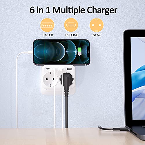 LENCENT Ladron Enchufes, Cargador USB de Pared con 2 Toma de CA, 1 Puerto Tipo C y 3 Puertos USB, Adaptador Enchufe USB España para Smartphone Tableta 4000W