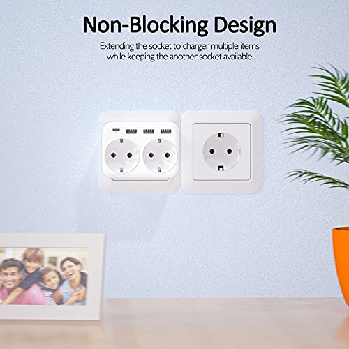 LENCENT Ladron Enchufes, Cargador USB de Pared con 2 Toma de CA, 1 Puerto Tipo C y 3 Puertos USB, Adaptador Enchufe USB España para Smartphone Tableta 4000W