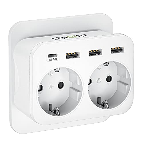 LENCENT Ladron Enchufes, Cargador USB de Pared con 2 Toma de CA, 1 Puerto Tipo C y 3 Puertos USB, Adaptador Enchufe USB España para Smartphone Tableta 4000W