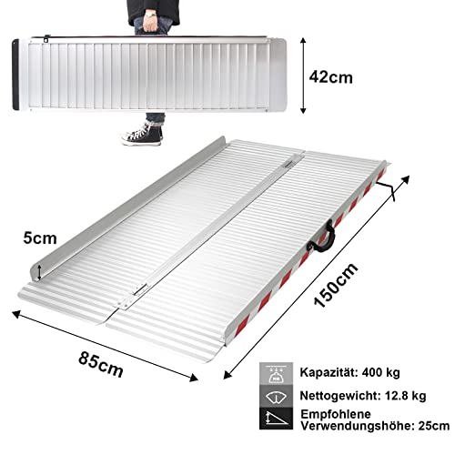 LIEKUMM Rampa de aluminio plegable para escaleras, umbral de puerta, etc., superficie antideslizante, capacidad de carga de 360 kg (MR607X-5) (150 x 85 x 7 cm)