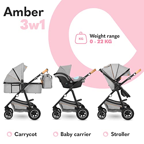 LIONELO Amber Coche de bebé multifuncional 3 en 1 Conjunto silla de paseo con el Asiento de Cubo e Capazo Manillar regulable Bolsa Mosquitero Protector de lluvia Asiento de coche (Gris)