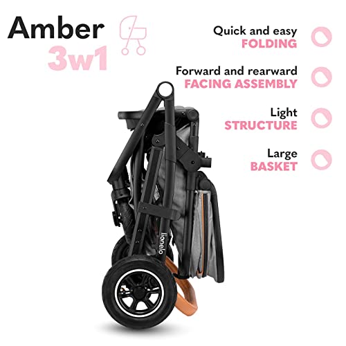 LIONELO Amber Coche de bebé multifuncional 3 en 1 Conjunto silla de paseo con el Asiento de Cubo e Capazo Manillar regulable Bolsa Mosquitero Protector de lluvia Asiento de coche (Gris)