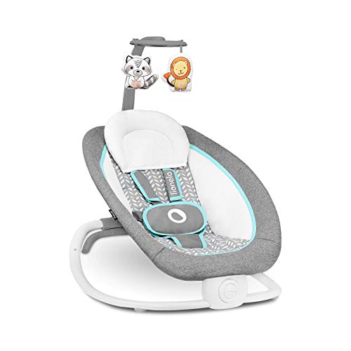 LIONELO Pascal Mecedora Para niños hasta 9 kg Carrusel Regulacion del respaldo de 3 niveles 12 nanas Bloqueo del mecer Plegado sencillo 2 juguetes Gris