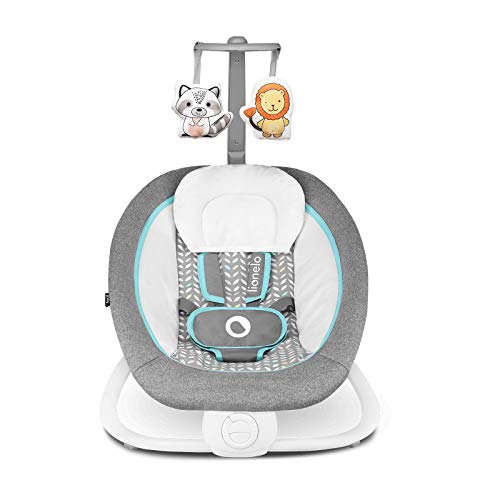LIONELO Pascal Mecedora Para niños hasta 9 kg Carrusel Regulacion del respaldo de 3 niveles 12 nanas Bloqueo del mecer Plegado sencillo 2 juguetes Gris