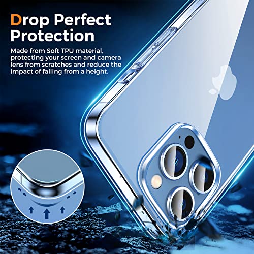 LK Funda Compatible con iPhone 13 Pro MAX 6.7 Pulgadas, 2 Pack HD Cristal Protector de Pantalla y 2 Vidrio Templado Protector de Lente de Cámara, Carcasa Suave TPU Silicona Cover - Clara