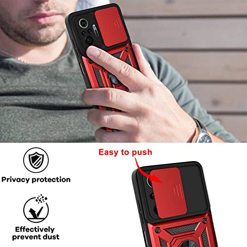 LOCLOUD Funda para Xiaomi Redmi Note 10 Pro, Protección de la Cámara Carcasa con Cubierta de Cámara Deslizante y Soporte de Anill PC Dura y TPU Silicone Anti-Choque Anti-arañazos Case – Rojo