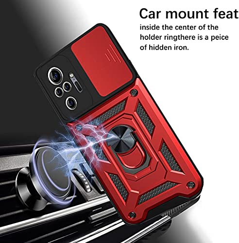 LOCLOUD Funda para Xiaomi Redmi Note 10 Pro, Protección de la Cámara Carcasa con Cubierta de Cámara Deslizante y Soporte de Anill PC Dura y TPU Silicone Anti-Choque Anti-arañazos Case – Rojo