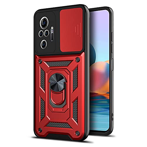 LOCLOUD Funda para Xiaomi Redmi Note 10 Pro, Protección de la Cámara Carcasa con Cubierta de Cámara Deslizante y Soporte de Anill PC Dura y TPU Silicone Anti-Choque Anti-arañazos Case – Rojo