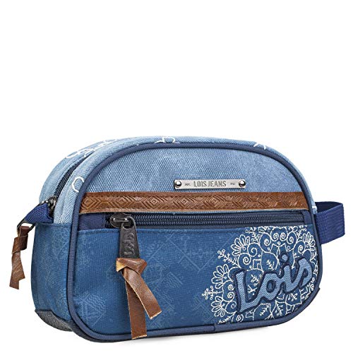 Lois - Neceser de Viaje, Bolsa de Aseo de Lona Estampada y Bordada Flores. asa Lateral práctica cómoda y Bonito diseño Marca Moda y Calidad. 301527, Color Azul